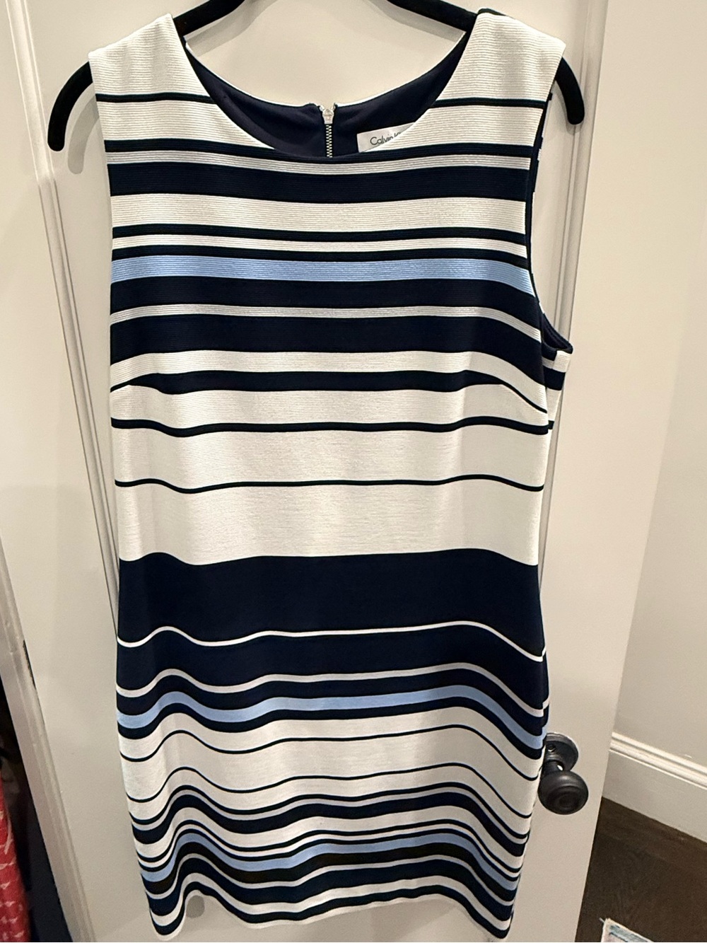 Calvin Klein Navy and White Striped Sleeveless Sheath Dress (sz. 12)
